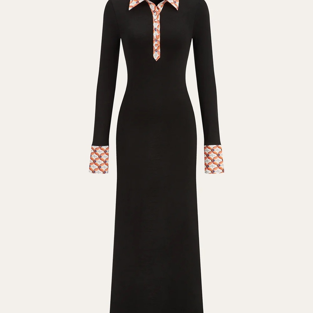 Commense Black Long Sleeve Maxi Dress with Orange Pattern Trim